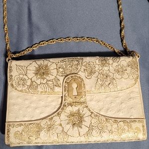 VINTAGE BLOCK OSTRICH GOLD EMBELLISHMENT FLORAL PURSE HANDBAG